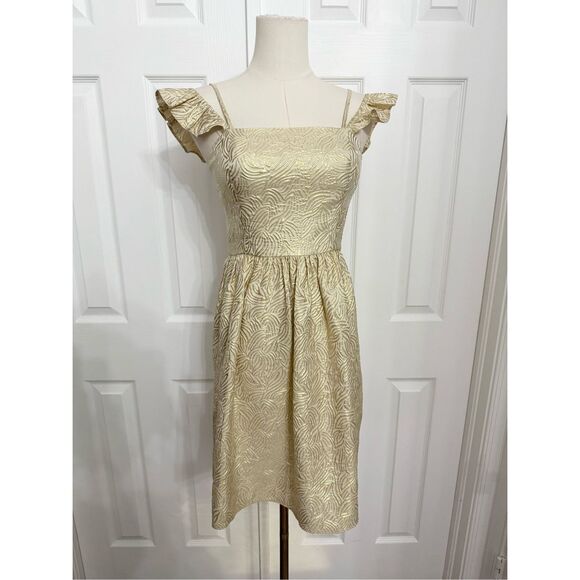 Lilly Pulitzer Womens Gold Metallic Leaf Jacquard Silk Kariana Mini Dress Size 0 - Picture 1 of 5
